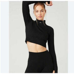 ALO Yoga Seamless Cropped Cable Knit Black Long Sleeve Top Size S